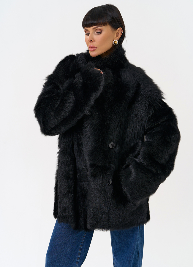 Двухсторонняя дубленка черного цвета с декоративным поясом модель № 31618 универмаг малина