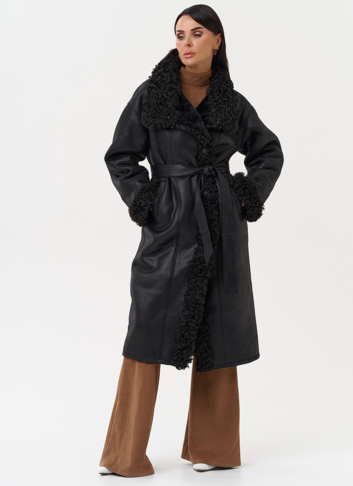 Женская дубленка из эко замши с поясом