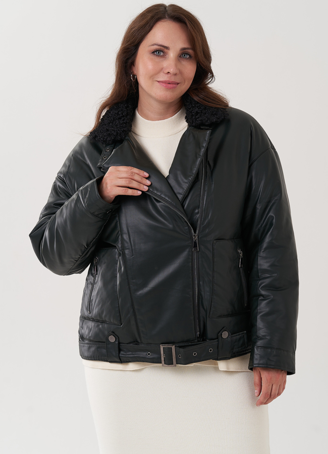 Косуха утепленная из экокожи с отделкой из экомеха модель № 25343 меха малина