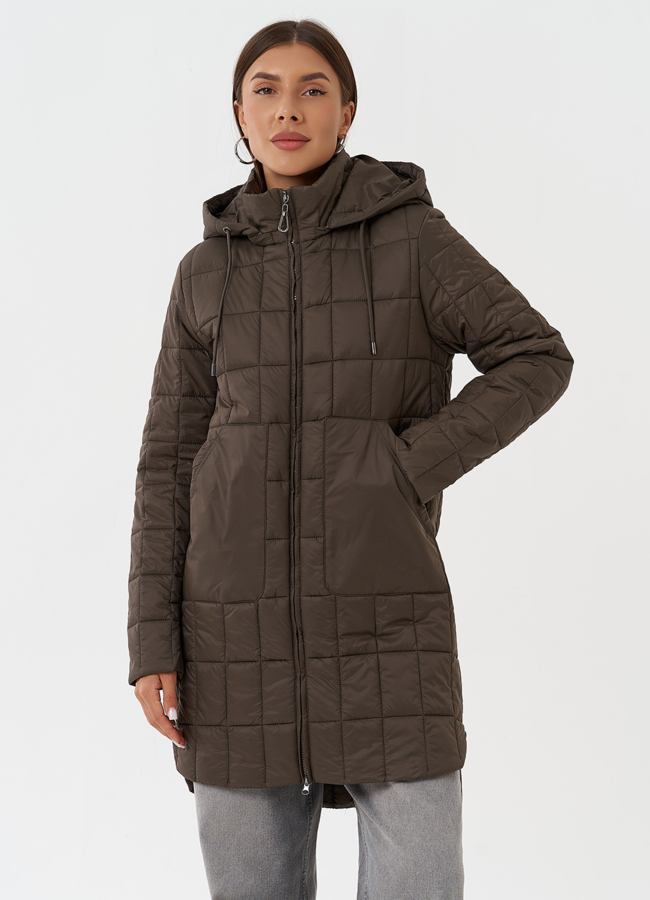 Стеганое пальто с капюшоном модель № 28295 меха малина