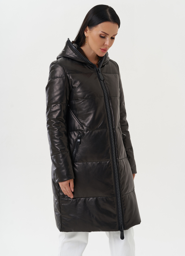 Кожаный пуховик с капюшоном модель № 15013 в рассрочку