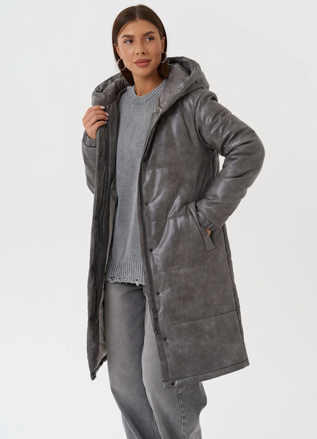 Пуховик из эко кожи с капюшоном модель № 28515 универмаг малина