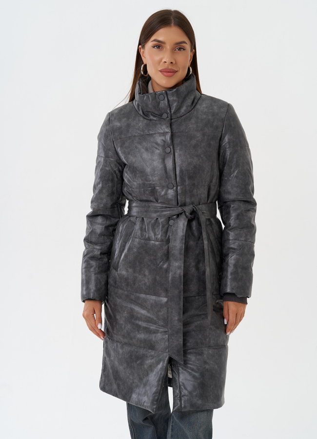 Пуховик из эко кожи с поясом модель № 28513 в кредит