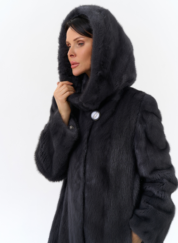 Норковая шуба годе/балетка в роспуск с капюшоном цвета графит