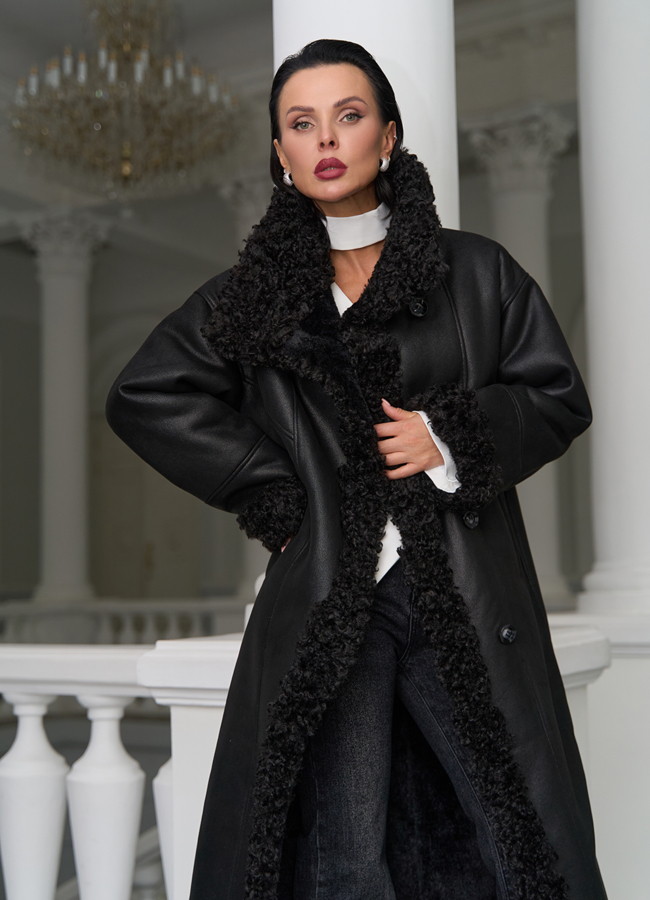фото Женская дубленка из эко замши с поясом модель № 31280
