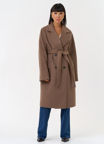 Женское двубортное пальто с поясом 