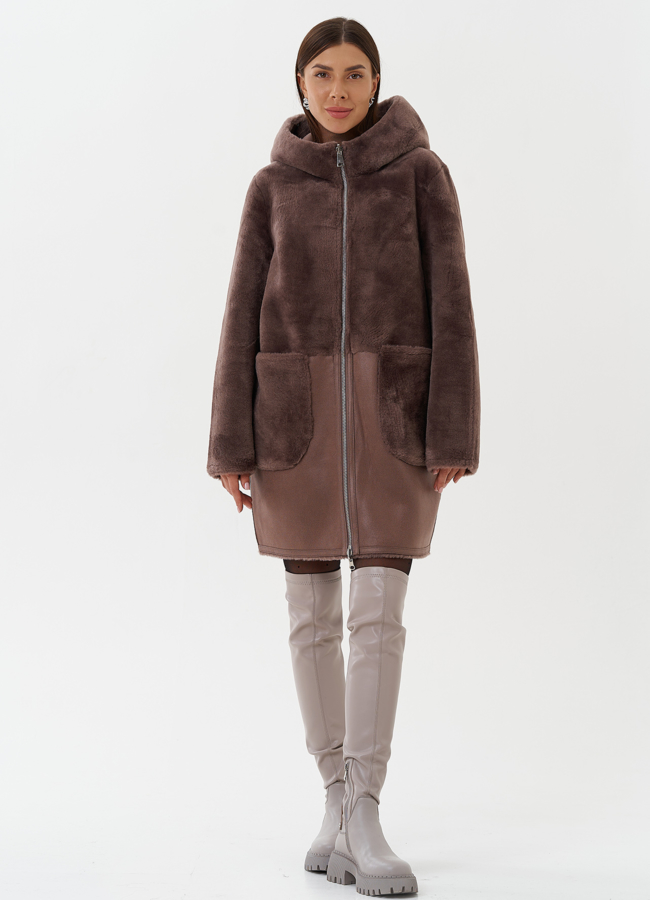 Двухсторонняя дубленка из эко кожи с капюшоном модель № 27763 универмаг малина