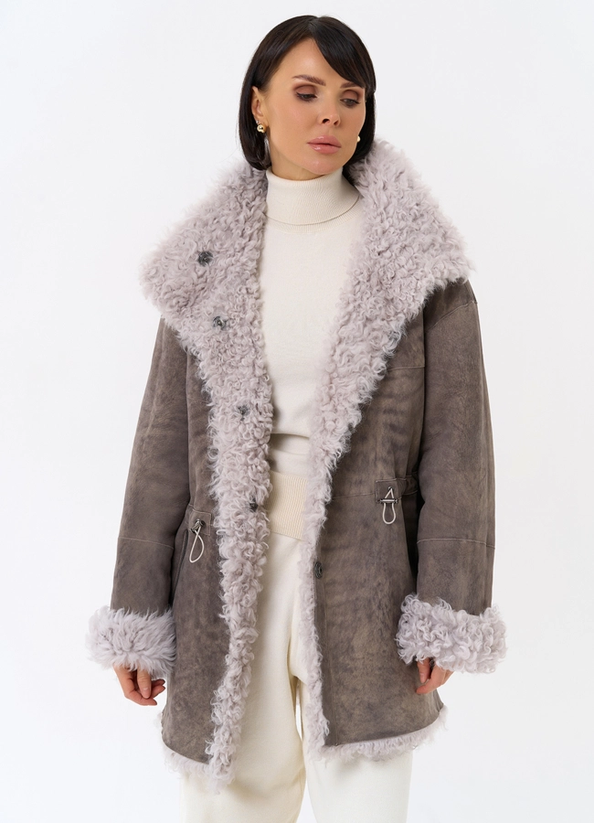 Женская двухсторонняя дубленка с воротником стойкой модель № 31849 универмаг малина
