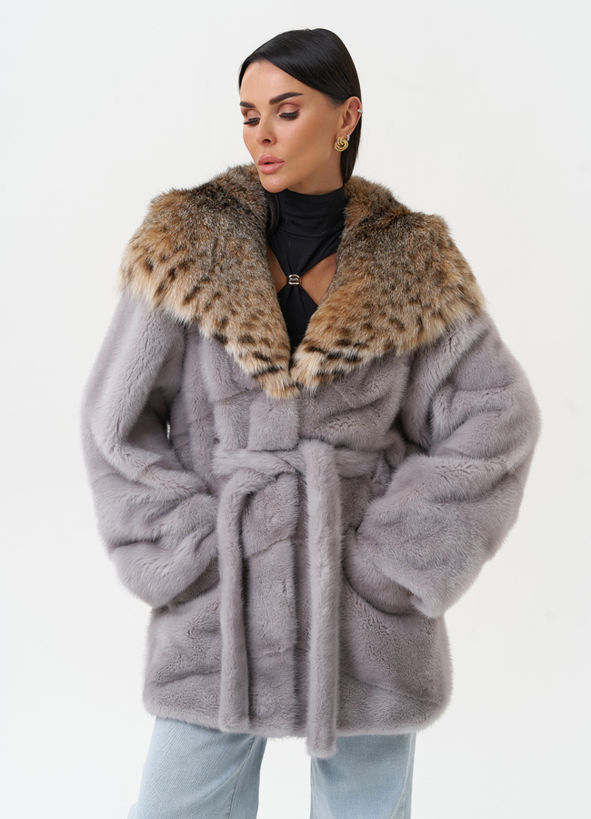 Женская шуба из меха норки с капюшоном из меха рыси модель № 31166 универмаг малина