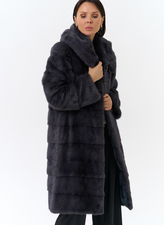 Норковая шуба в цвете графит с капюшоном 