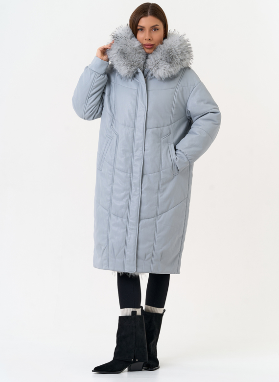 Женский пуховик из эко кожи с отделкой из эко меха