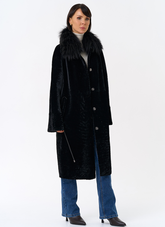 Женская двухстороняя дубленка с воротником из меха чернобурой лисы
