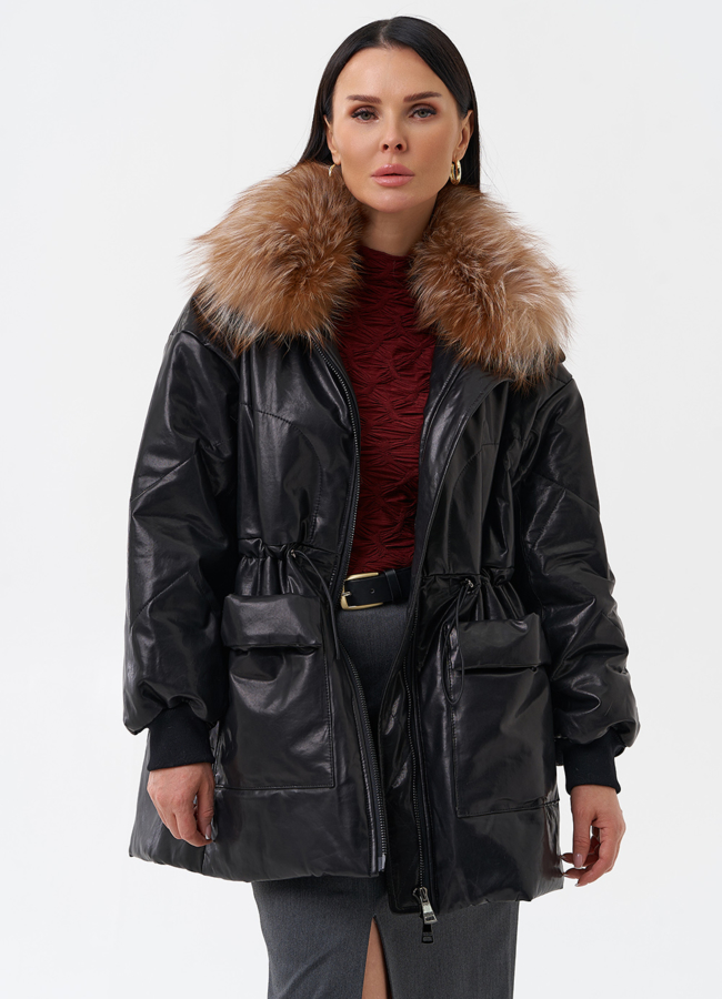 Кожаный пуховик с мехом модель № 29404 универмаг малина