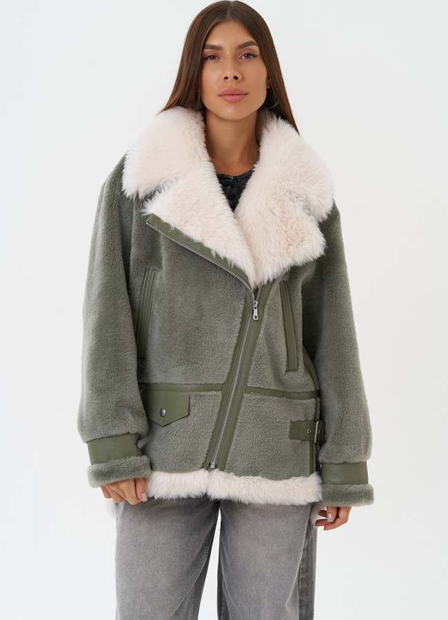 Эко дубленка с английским воротником модель № 28536 в рассрочку