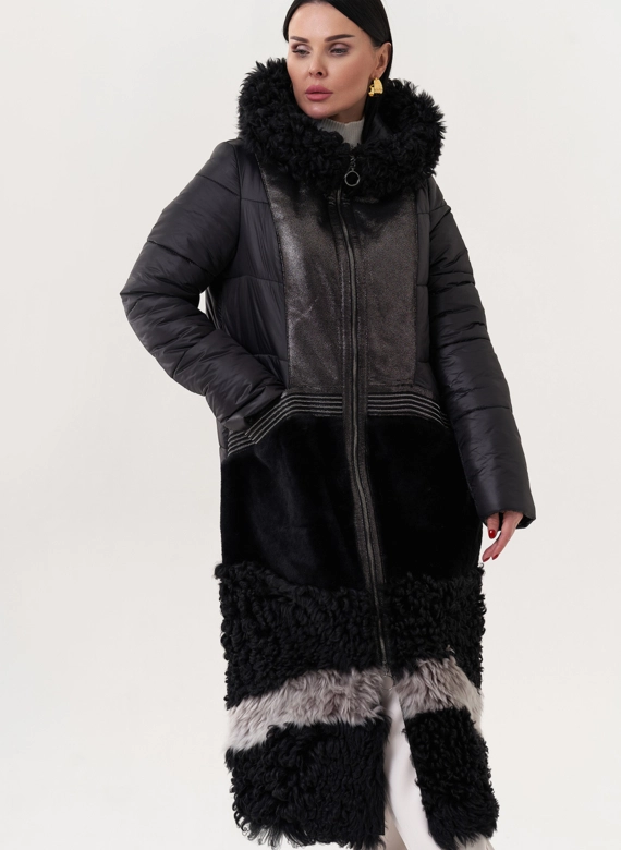 Комбинированный пуховик с капюшоном фото