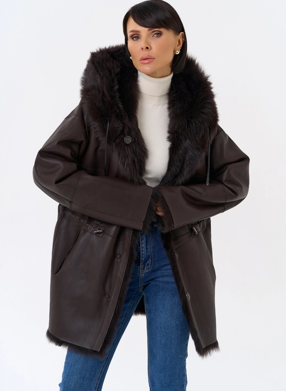 Женская двухсторонняя дубленка с капюшоном