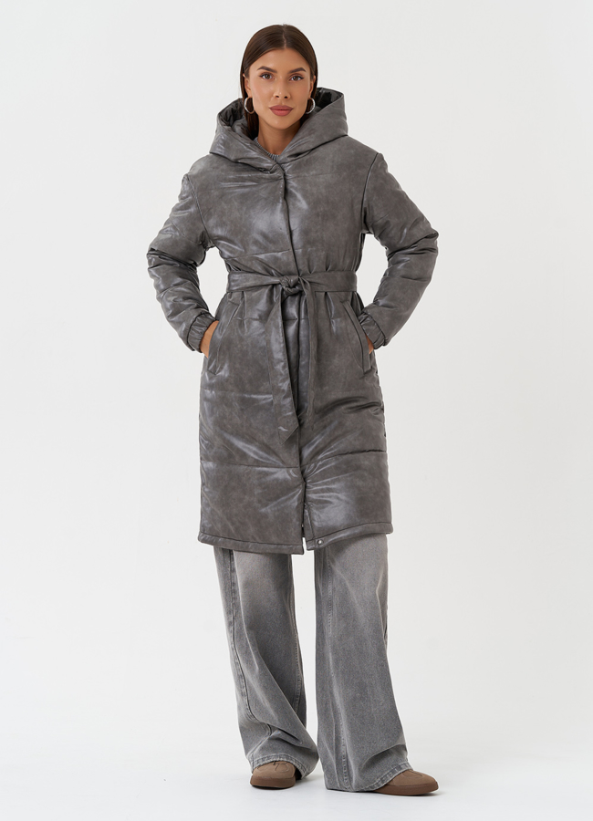 Пуховик из эко кожи с капюшоном модель № 28515 в кредит