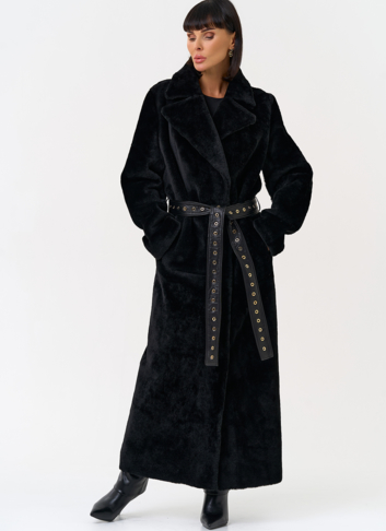 Женская натуральная дубленка с двойным поясом